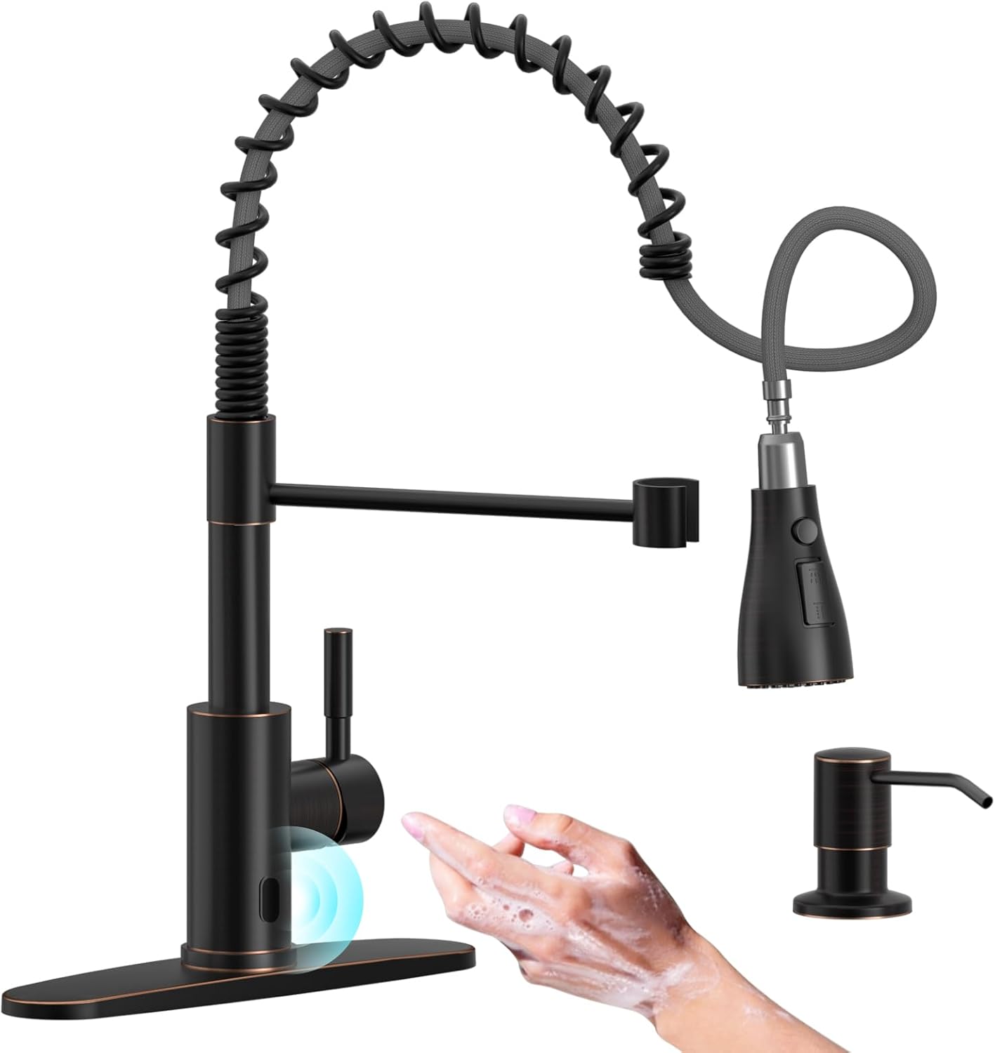 Black Touchless Kitchen Faucet with Soap Dispenser, Motion Sensor Activated Hands-Free Automatic Faucet for Sink with Pull Down Sprayer, Single Handle Smart Faucets for Kitchen Sink