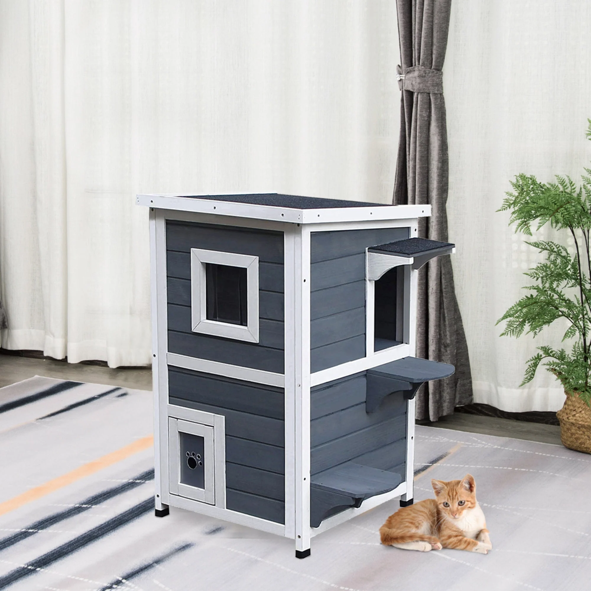 PawHut Two-Tier Fir Wood Cat House with Asphalt Roof and Elevated Base – Indoor & Outdoor Use