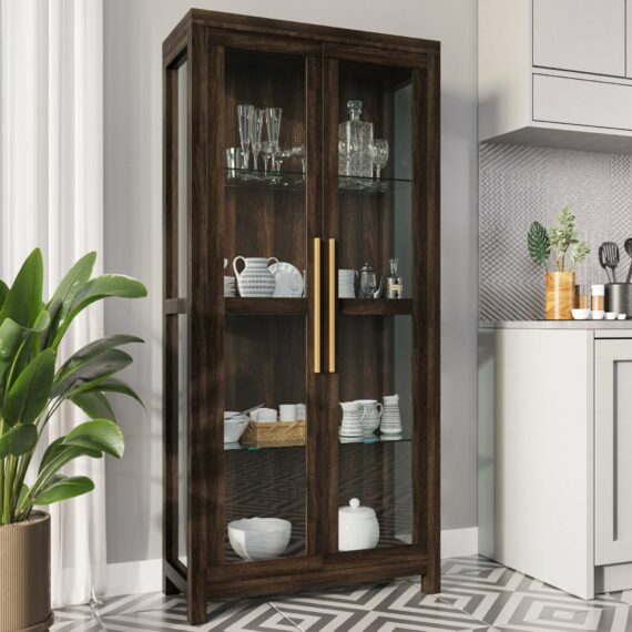 BELLEZE Avalon Tall Storage Cabinet, Dark Walnut Curio Bookshelf with Tempered Glass Doors for Living Room/Bedroom Display