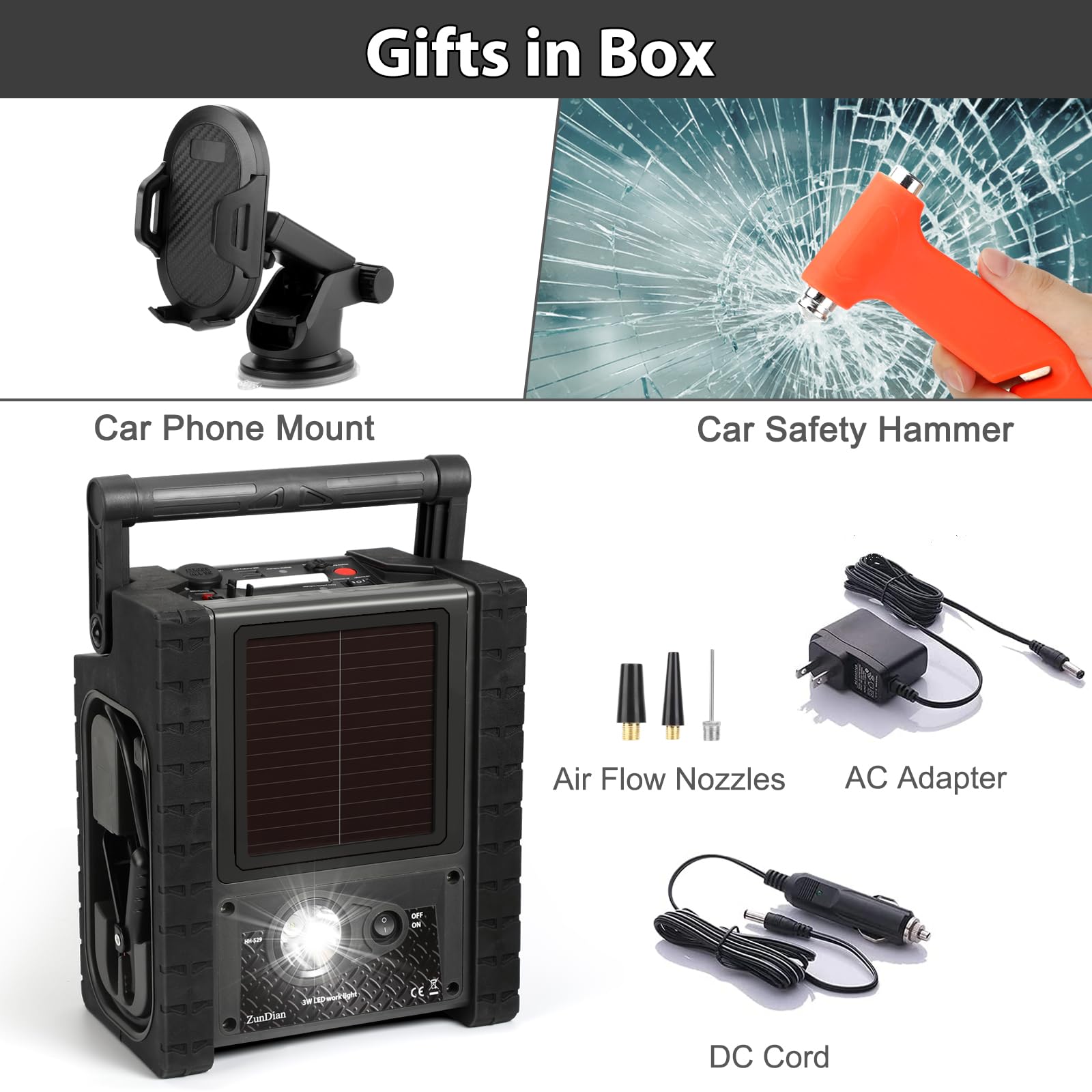 2026 Solar Portable Power Station 2000 Amps Jump Starter, 260 PSI Air Compressor, 12V Car Battery Charger with 400W Inverter Dual AC/DC/USB Output, Emergency Backup Power with Flashlights