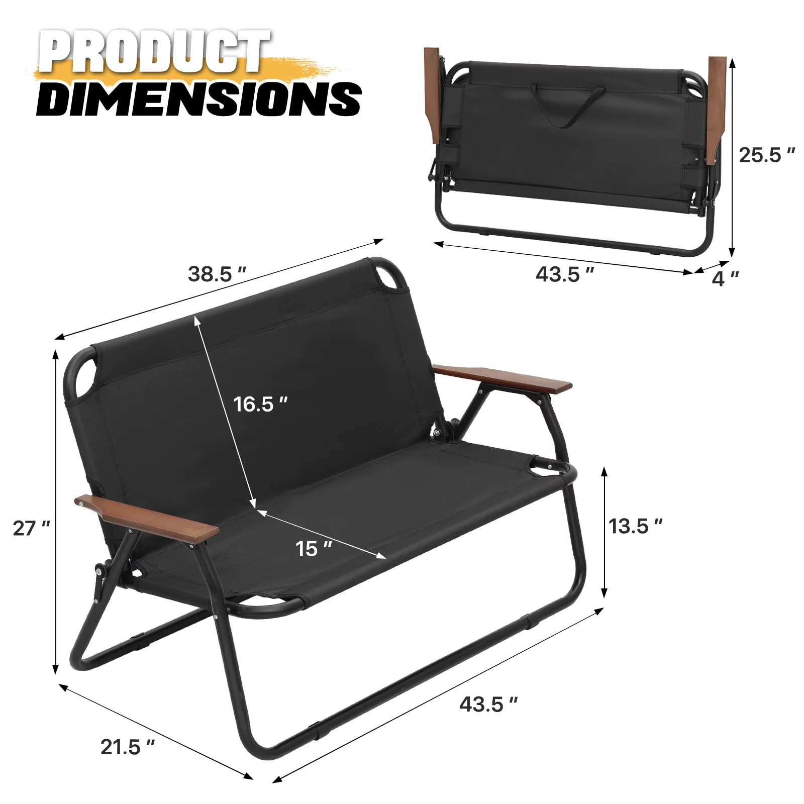 2026 MoNiBloom Folding Double Camping Chair with Armrest, 2-Person Beach Chairs for Outdoor Camping Lawn Travel Patio Picnic, Black