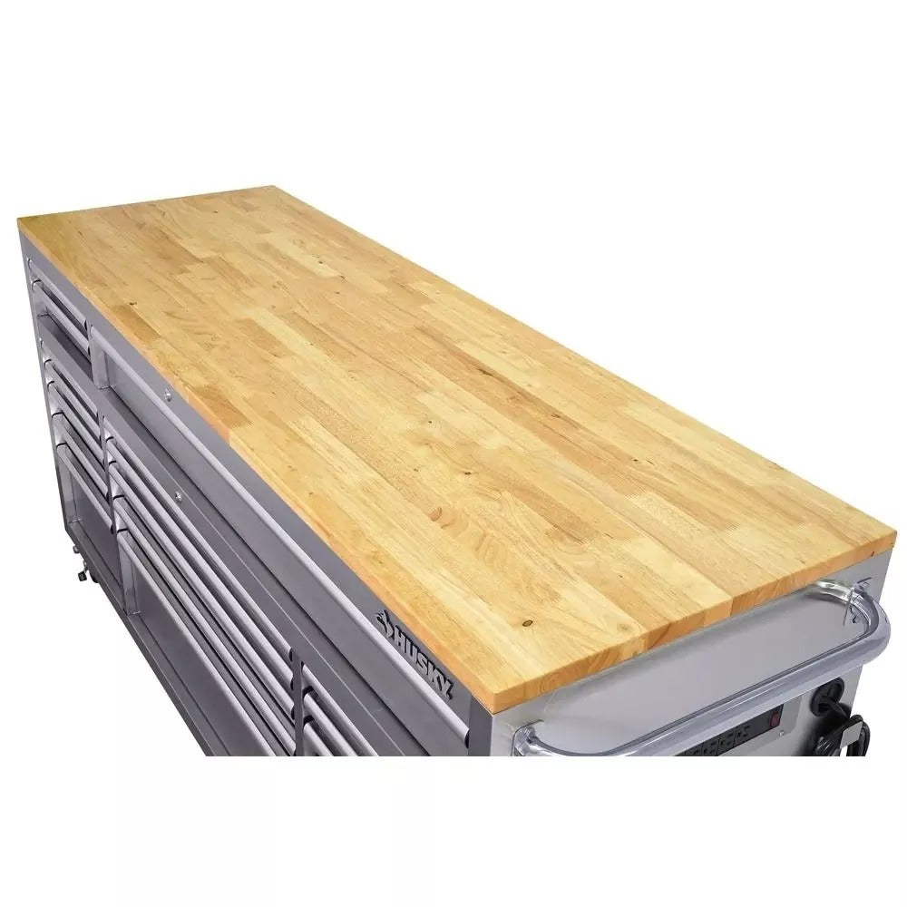 2026 72 in. 18-Drawer 24 in. D Mobile Workbench with Solid Wood Top Stainless Steel