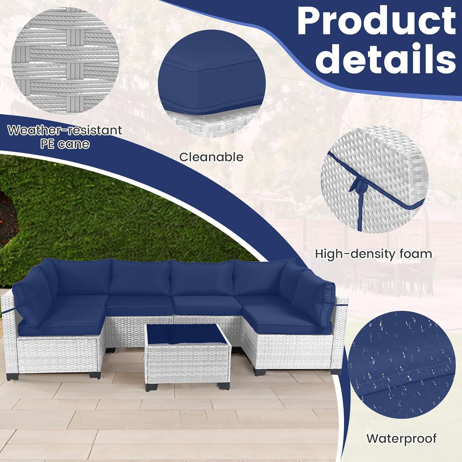 7 Pieces Rattan Patio Furniture Set with Tea Table