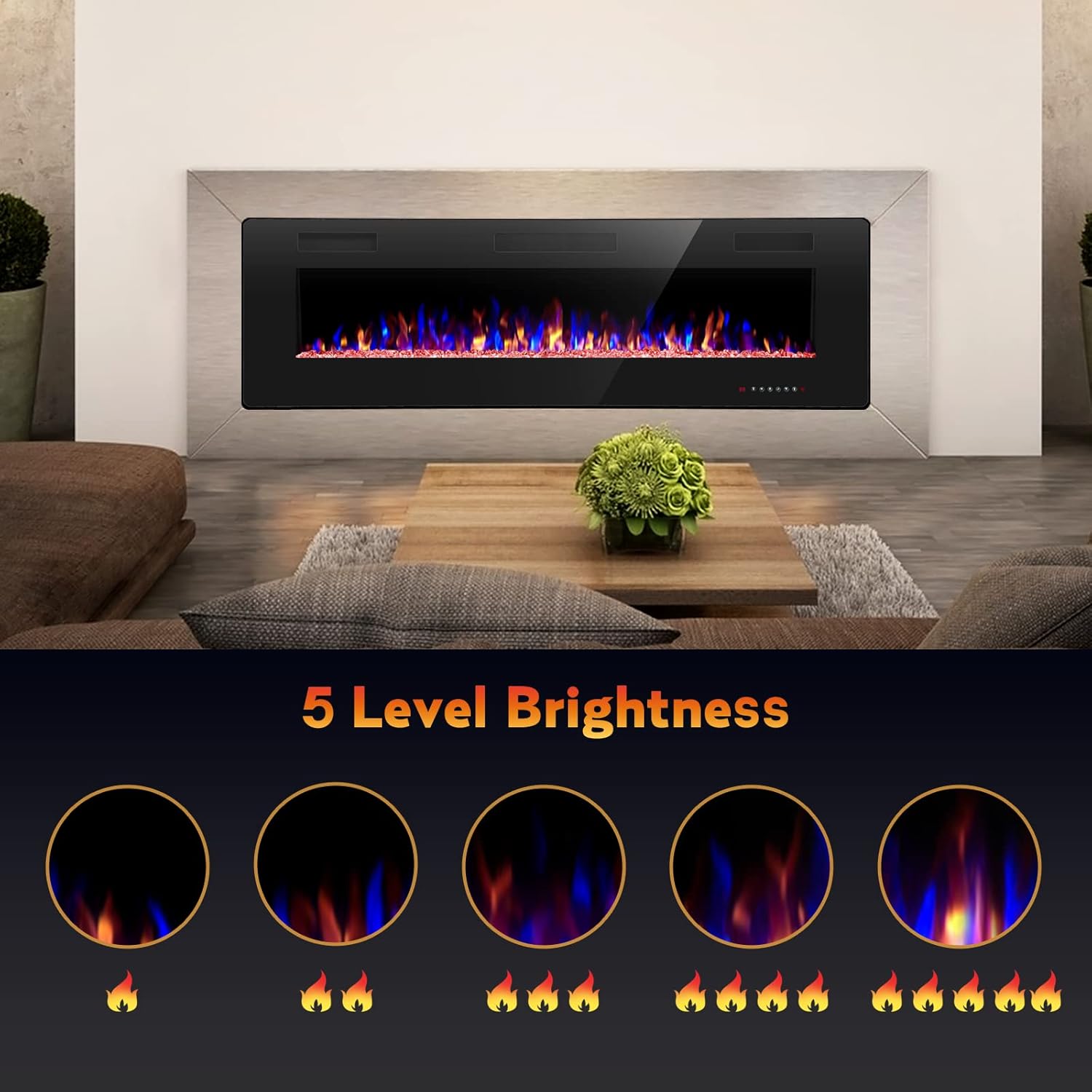 60′′ Electric Fireplace – Remote Control, Adjustable Flames