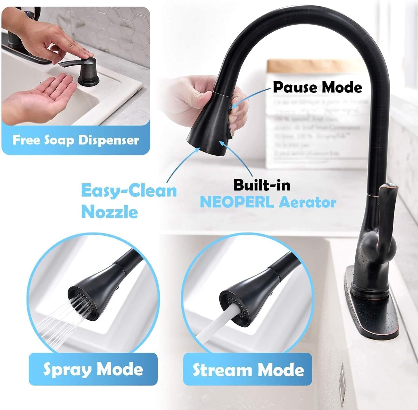 Black Touchless Kitchen Faucet with Soap Dispenser, Motion Sensor Activated Hands-Free Automatic Faucet for Sink with Pull Down Sprayer, Single Handle Smart Faucets for Kitchen Sink