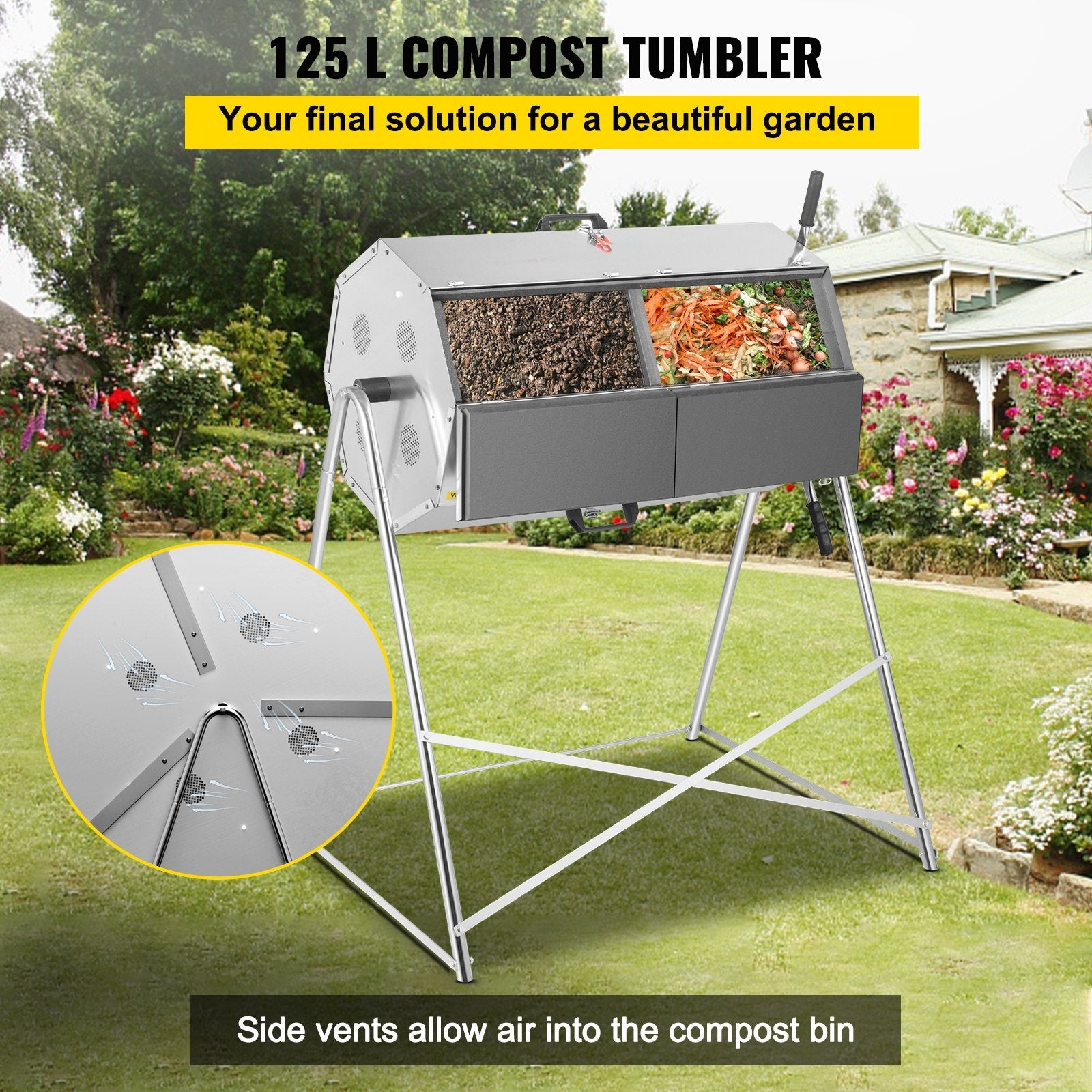 2026 Premium 33 Gallon Steel Outdoor Compost Tumbler Bin With Dual-Chamber