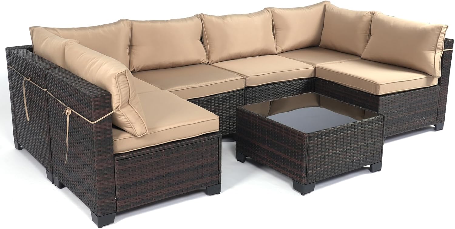 7 Pieces Rattan Patio Furniture Set with Tea Table