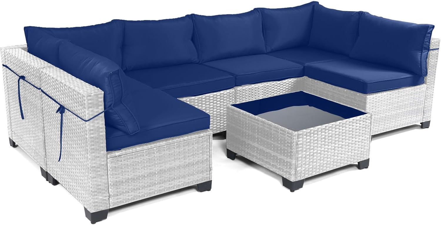 7 Pieces Rattan Patio Furniture Set with Tea Table
