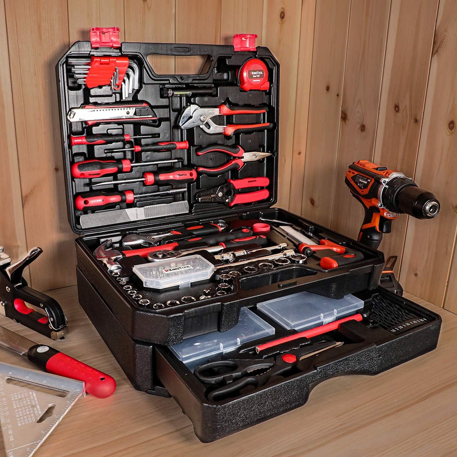 2026 KINGTOOL Home Tool Set Kit - 286 PCS Home Auto Repair Tool Kit with Rolling Tool Box, Mechanic Tool Sets with 21V Max Cordless Power drill, Perfect for Homeowner, Diyer, Handyman