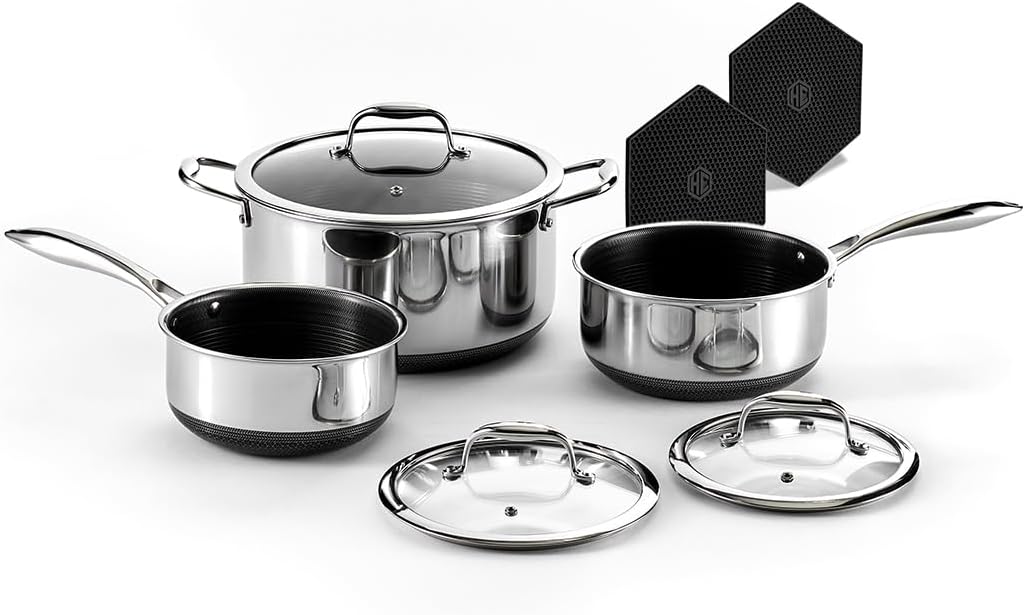 HexClad Hybrid Nonstick 6-Piece Pot Set with 2 Silicone Trivets, 2, 3, and 8-Quart Pots with Tempered Glass Lids, Stay-Cool Handles, Dishwasher-Friendly, Induction-Ready, Compatible with All Cooktops