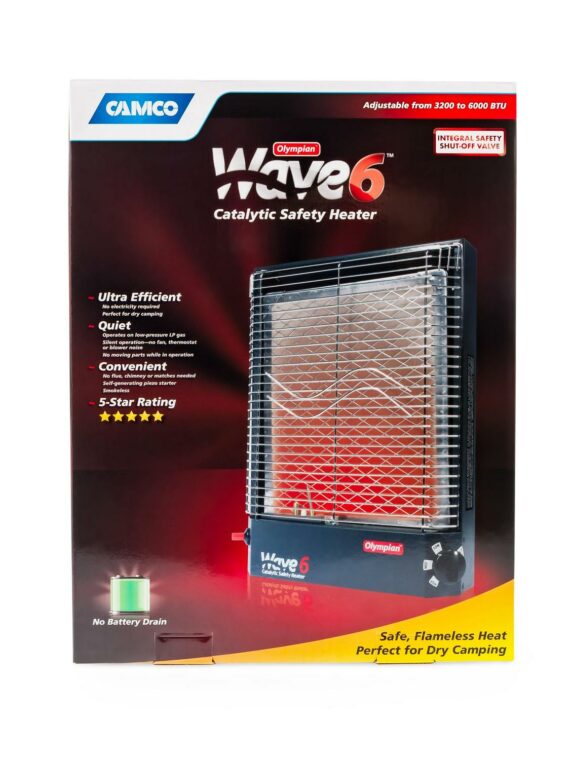 Camco Olympian Wave 6 Catalytic Safety Heater | Adjustable from 3200 to 6000 BTUs | Black (57341)