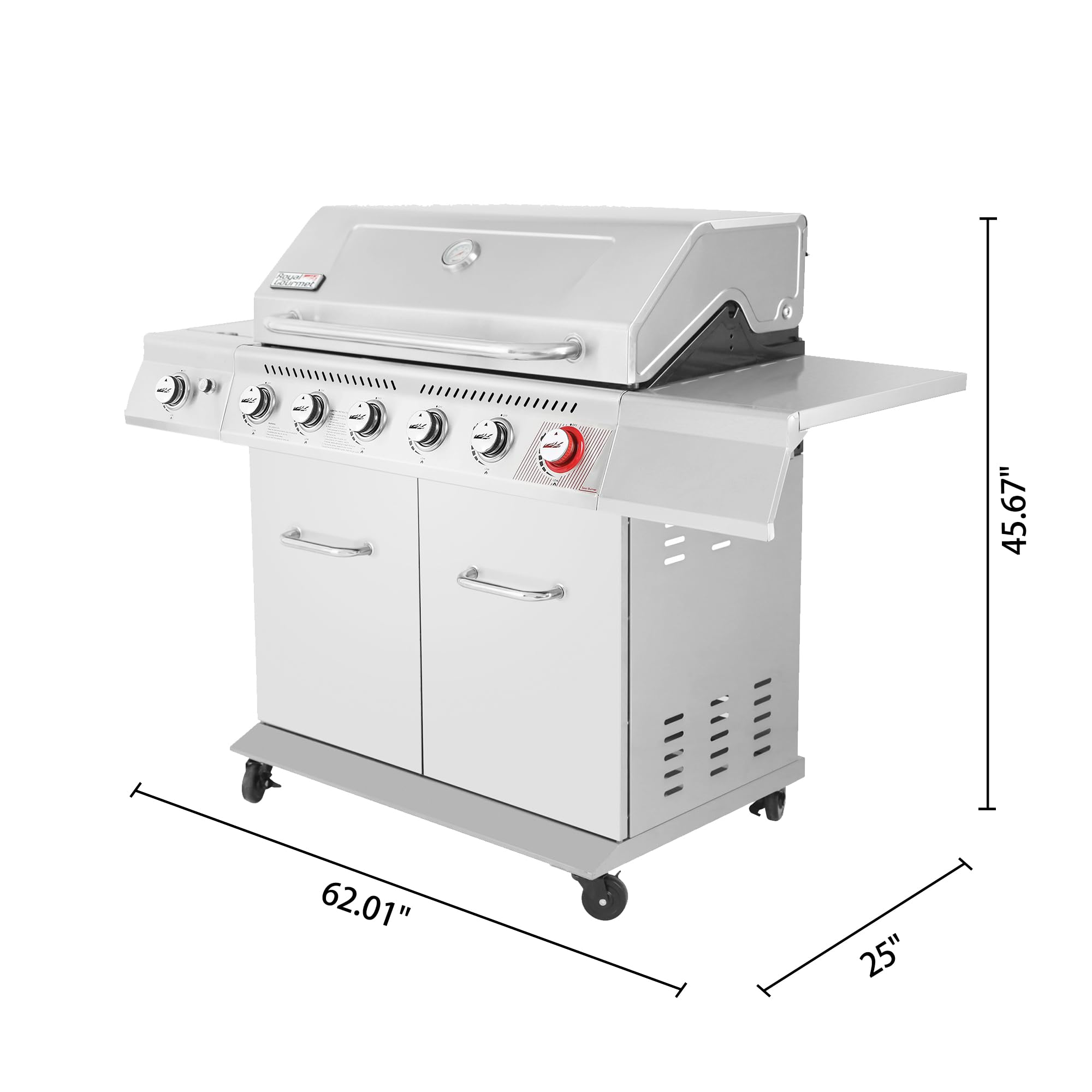 2026 Gourmet GA6402S Stainless Steel Gas Grill, Premier 6-Burner Propane Grill with Sear Burner and Side Burner, 74,000 BTU, Cabinet Style, Outdoor BBQ Party Grill, Silver
