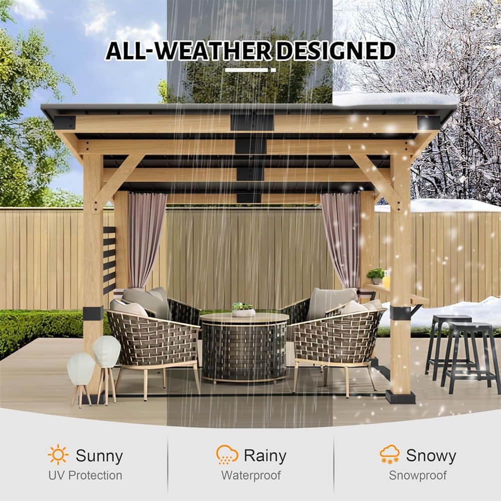 2026 [10x12FT] Heavy Duty Premium Outdoor All-Season Wooden Cedar Hardtop Gazebo With Metal Roof & Back Curtains (SAK57184)