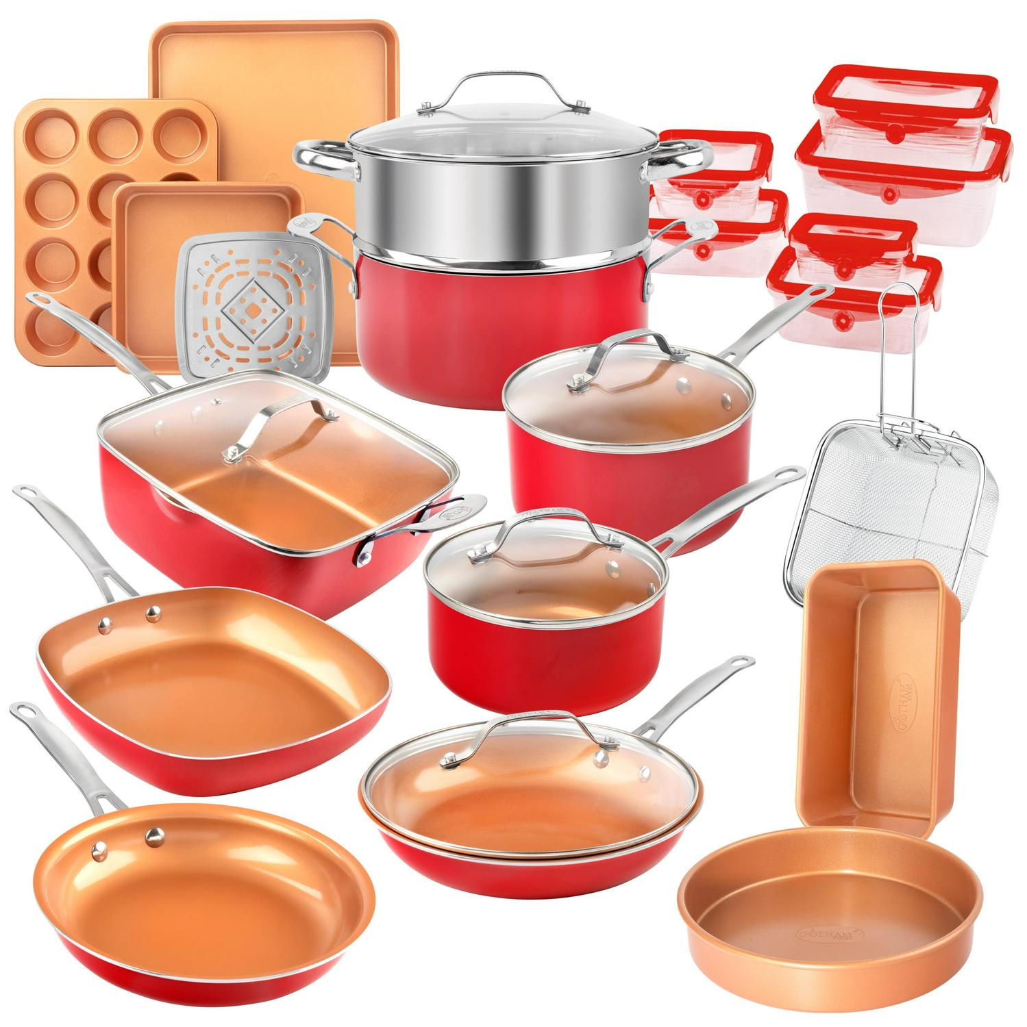 Gotham Steel 32 Pcs Cookware Set Bakeware and Food Storage Set Nonstick Pots and Pans Set Red