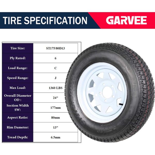 2026 Set of 2 Trailer Tires Rims 175-80 5 Lug 6PR White Spoke Wheel Load Range C