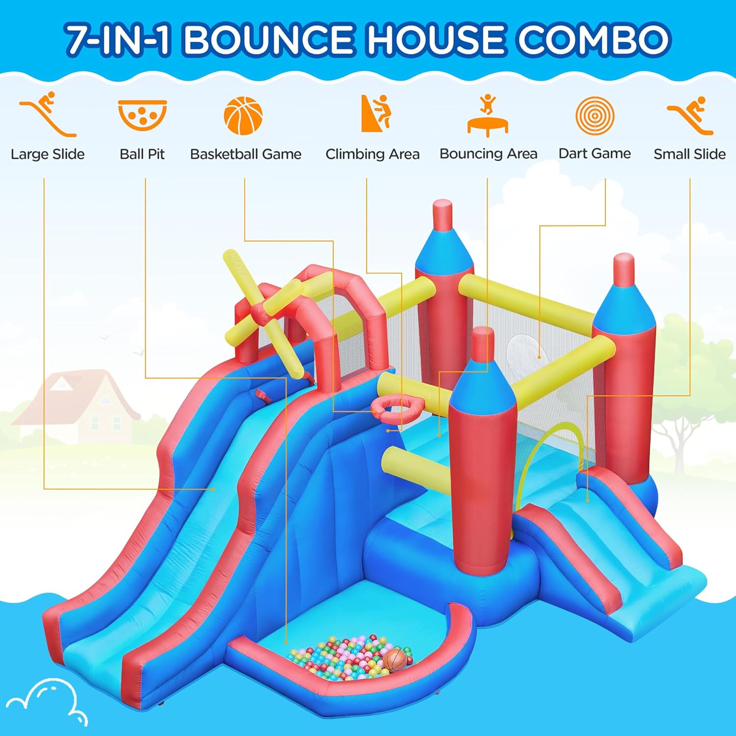 Inflatable Bounce House 7-in-1 with Slide & Ball Pit