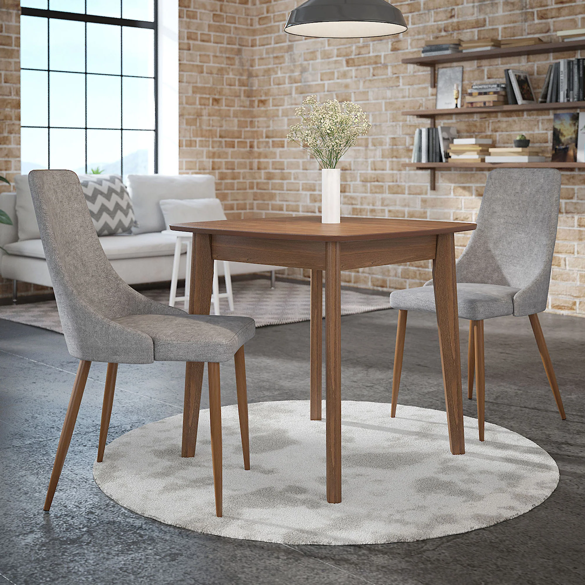 Elegant Side Chair with Curved Wood Frame, Grey Fabric, and Walnut-Finished Metal Legs