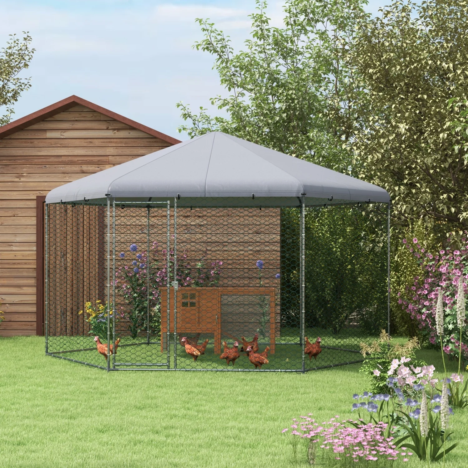 2026 GFVCNIO PawHut Large Metal Coop Run for Ducks and Rabbits with Waterproof and Anti-UV Cover Walk-in Poultry Cage Hen House for Outdoor and Yard Farm Use 13‘ x 11.4‘ x 8.6‘