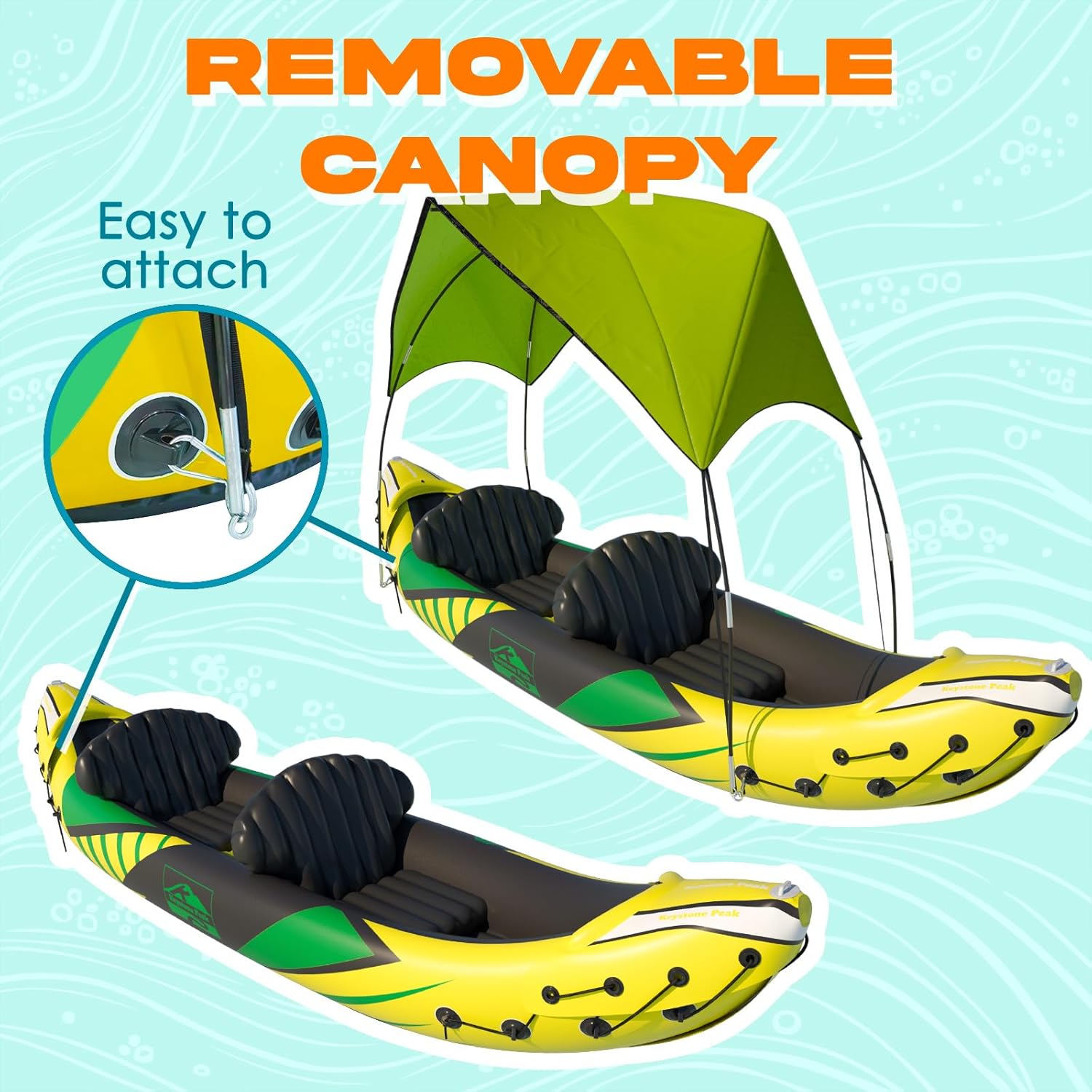 2026 KP Inflatable Kayak 2 Person with Sun Canopy (Detachable) + Kayaks for Adults + 3rd Seat for Dog/Child + Waterproof Phone Bags + Adjustable Seats + Kayak + Backrests & More + New 2024 + Yellow Green