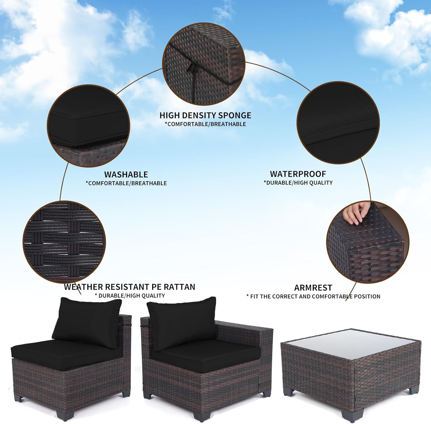 7 Pieces Rattan Patio Furniture Set with Tea Table