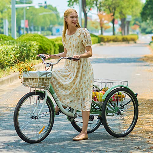 Tricycle 7-Speed, 24′′ Wheels, High Carbon Steel Frame, Front & Rear Baskets, Adjustable Saddle