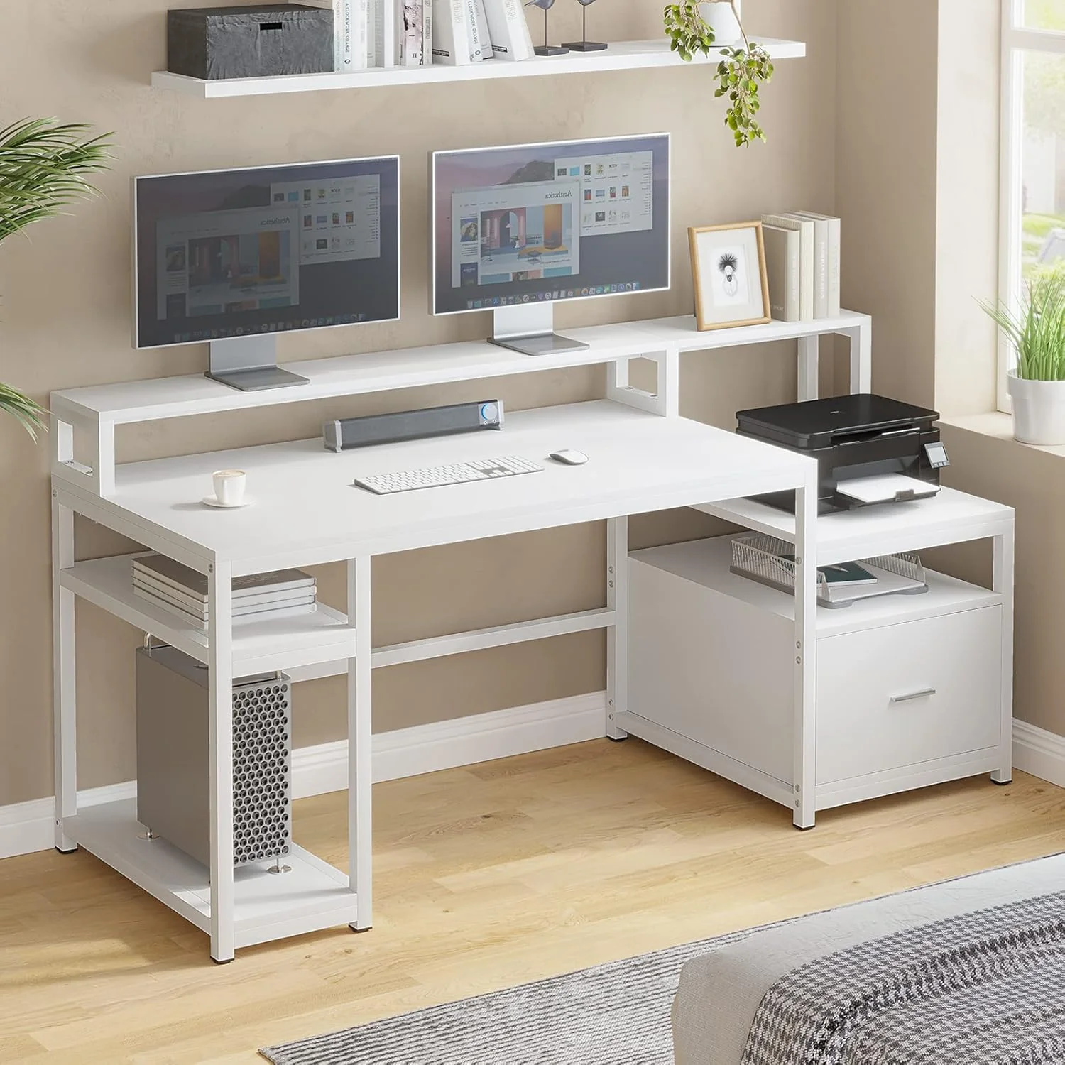 White Computer Desk with 5 Drawer & Power Outlet, 66'' Home Office Desk with File Drawer, Storage Shelves, Printer Cabinet and Monitor Shelf, Gaming Desk with Led Lights