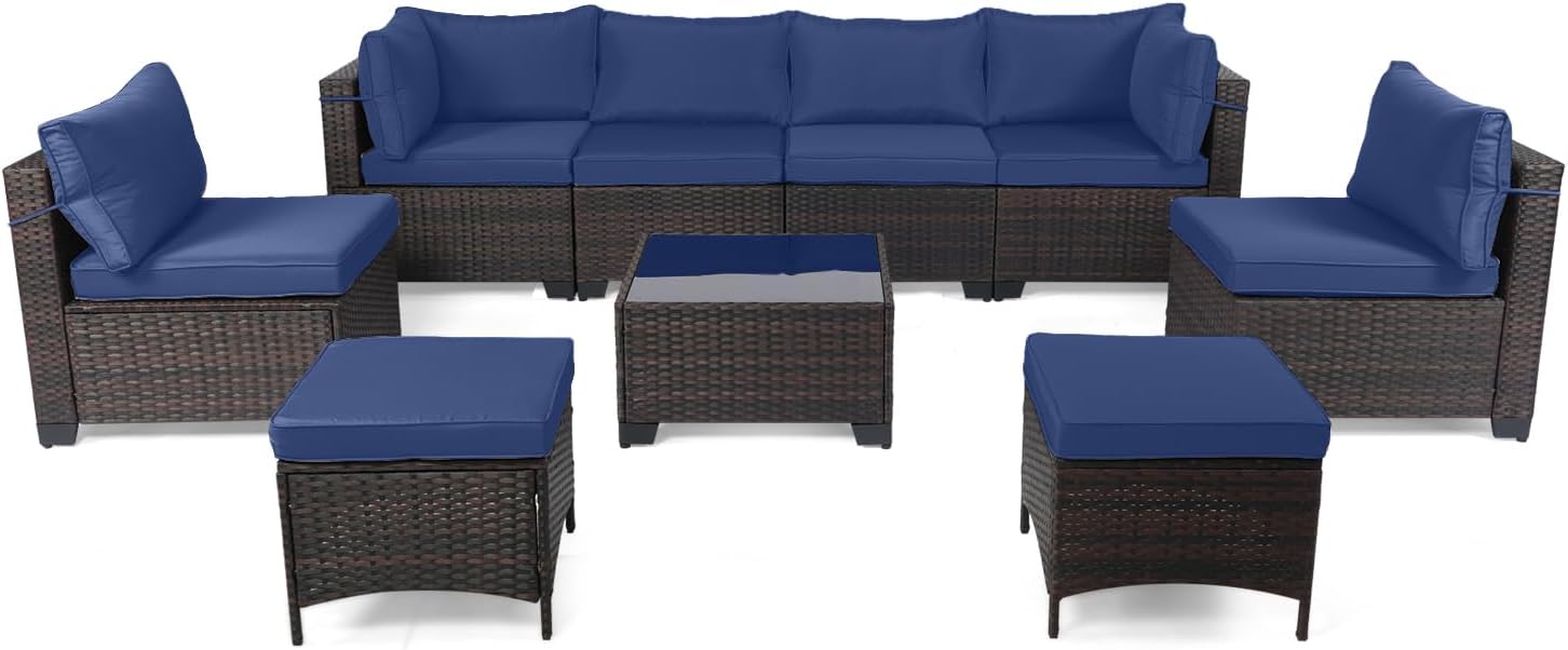 7 Pieces Rattan Patio Furniture Set with Tea Table