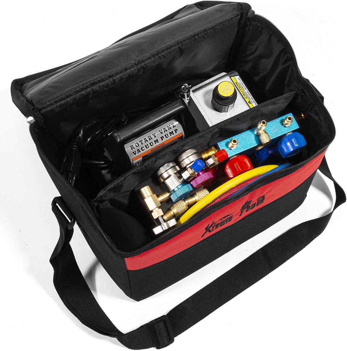 2026 Premium 4CFM Air Vacuum Pump HVAC A/C Refrigeration Kit AC Manifold Gauge Case Set R134a Tap w/Leak Detector and Carrying Tote Bag