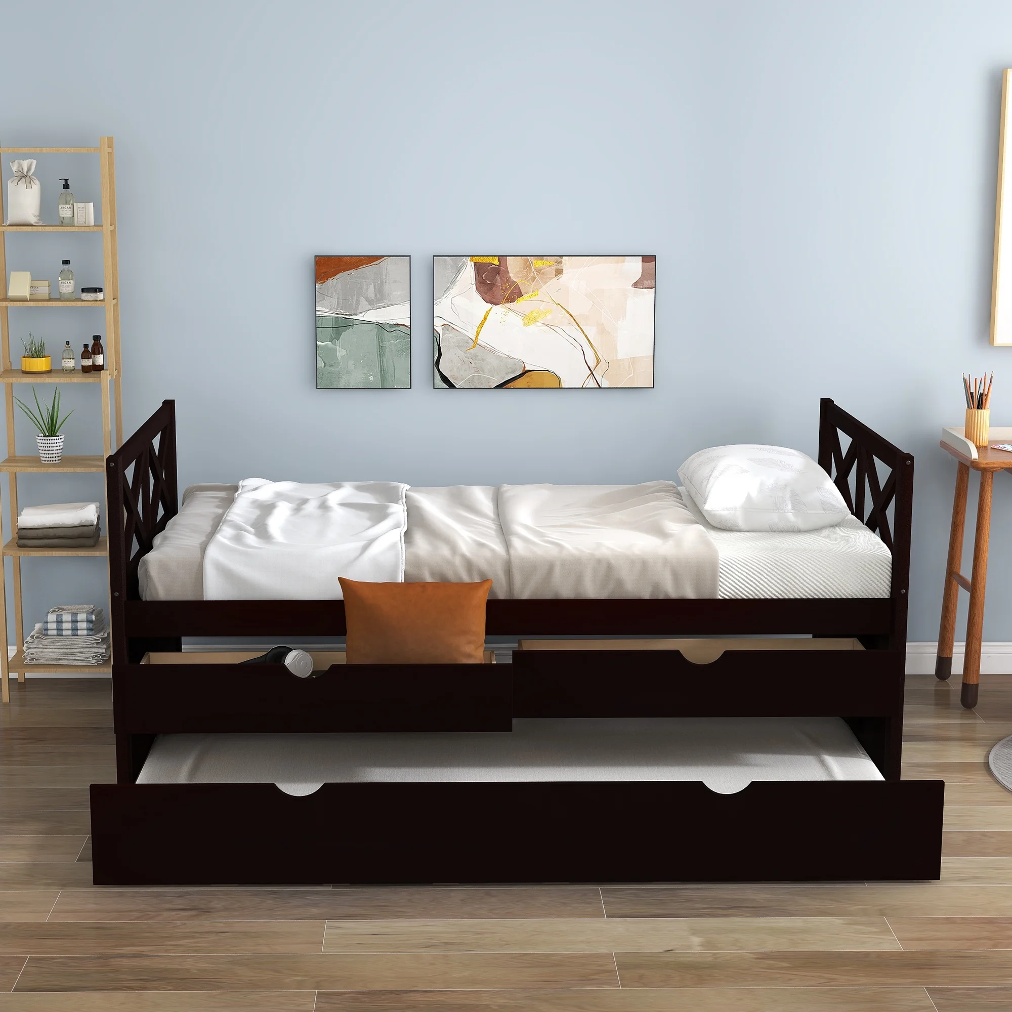 2026 Captain Wood Bed with Trundle and Drawers, Twin for Kids Bedroom, Brown