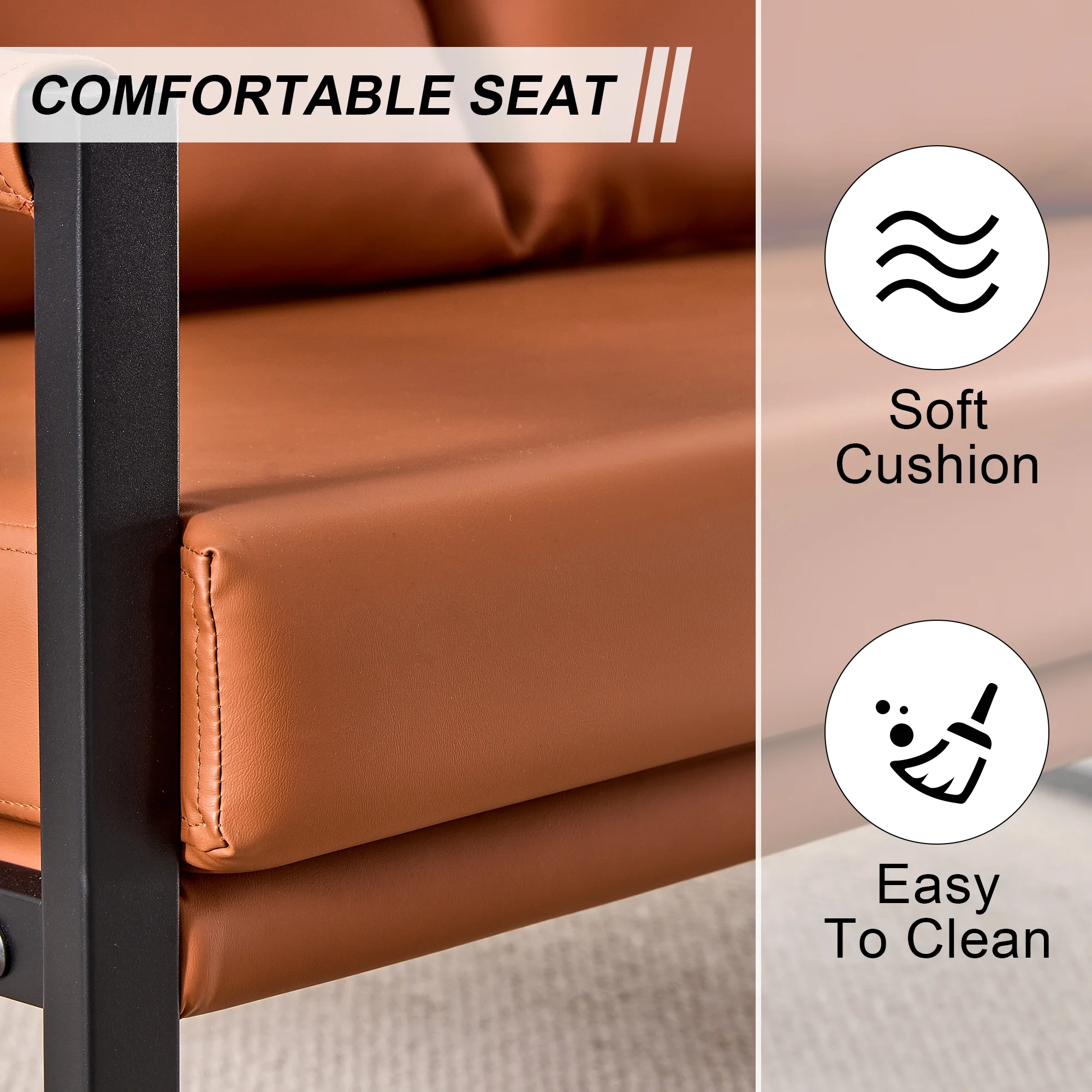 2026 Wasait modern two-seater sofa chair with 2 pillows-PU leather, high-density foam, black coated metal frame. Brown SF-D008