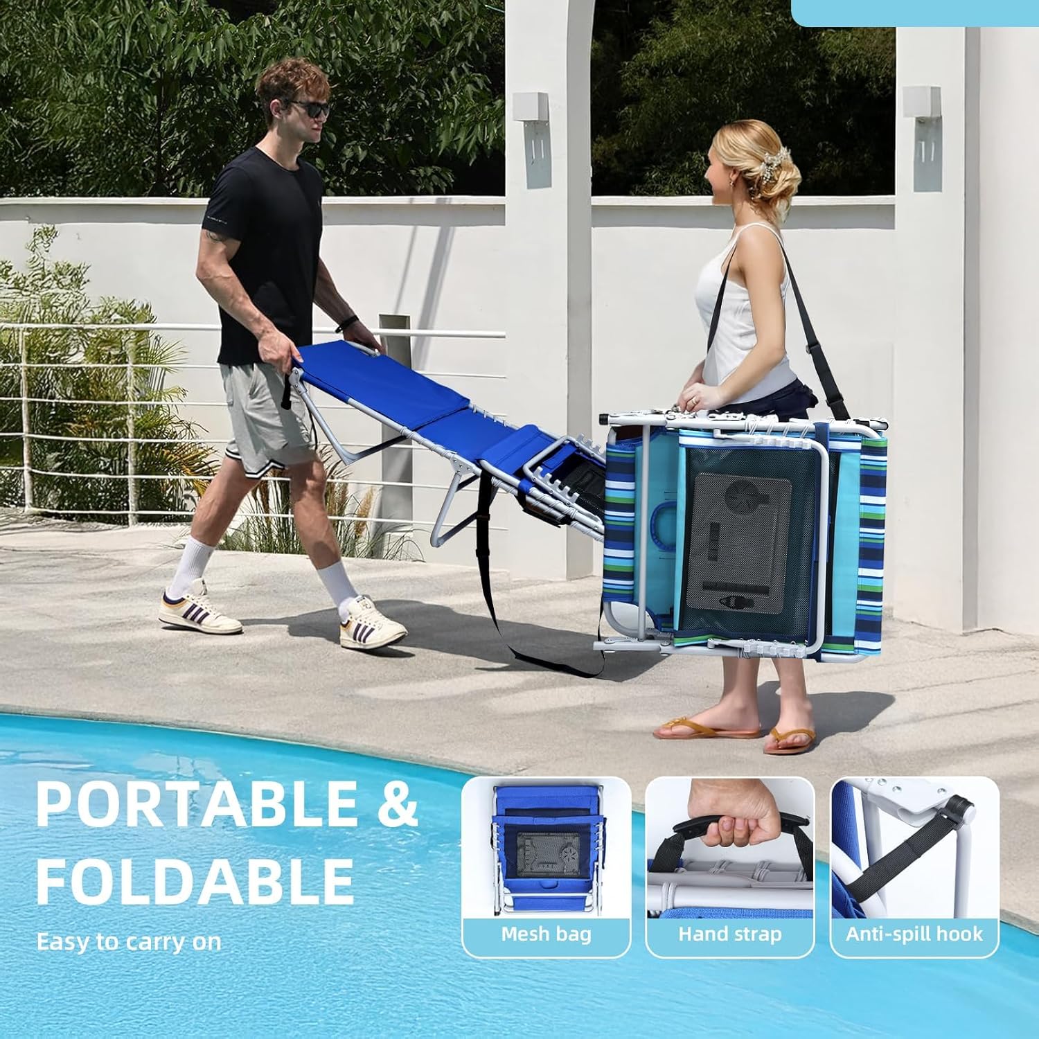 2026 3-in-1 Outdoor Sun Tanning Lounge Chair with Face Hole – 5-Position Recliner, Folding Side Table & Removable Pillow, 330lbs Capacity, Blue