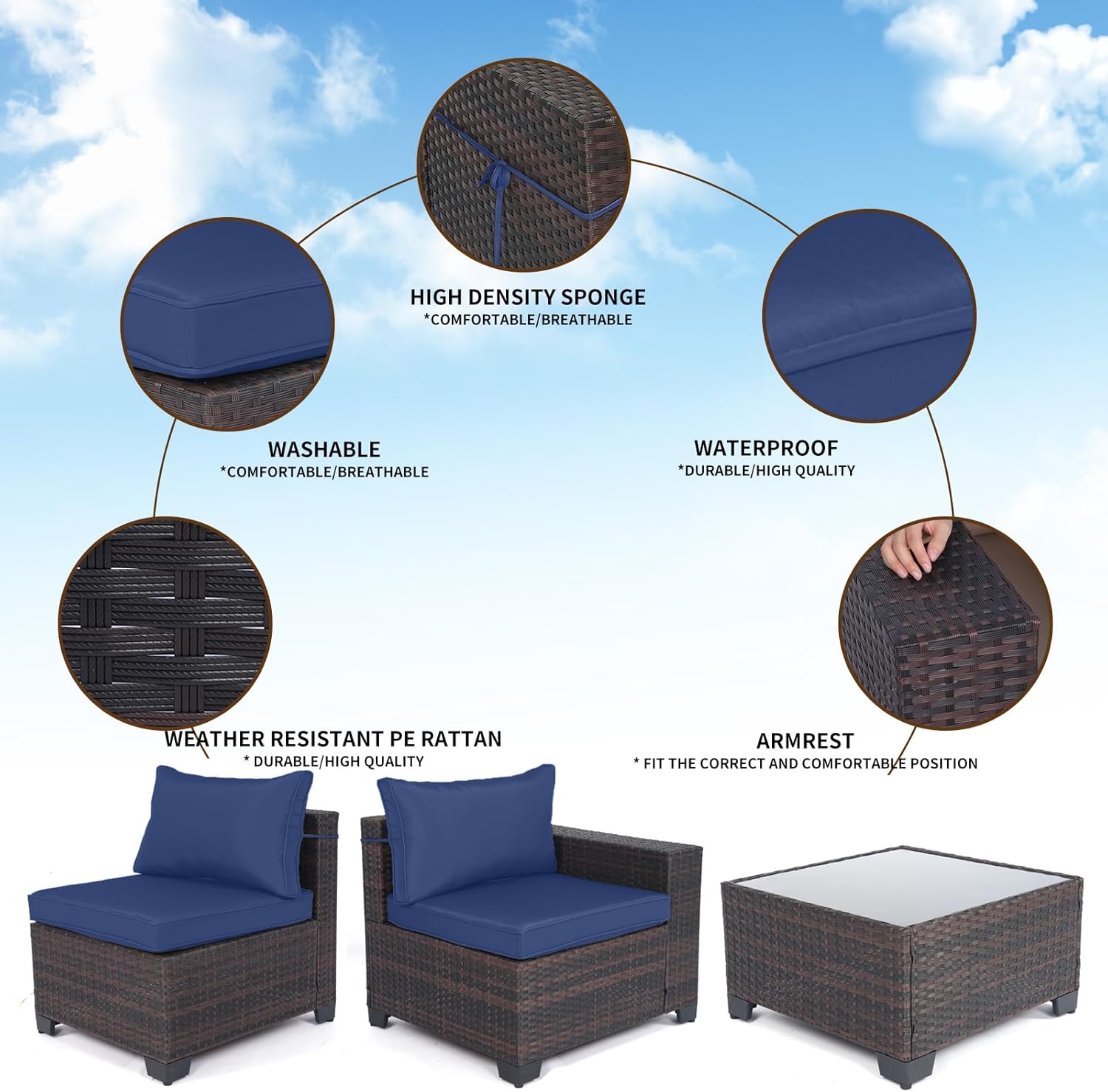 7 Pieces Rattan Patio Furniture Set with Tea Table