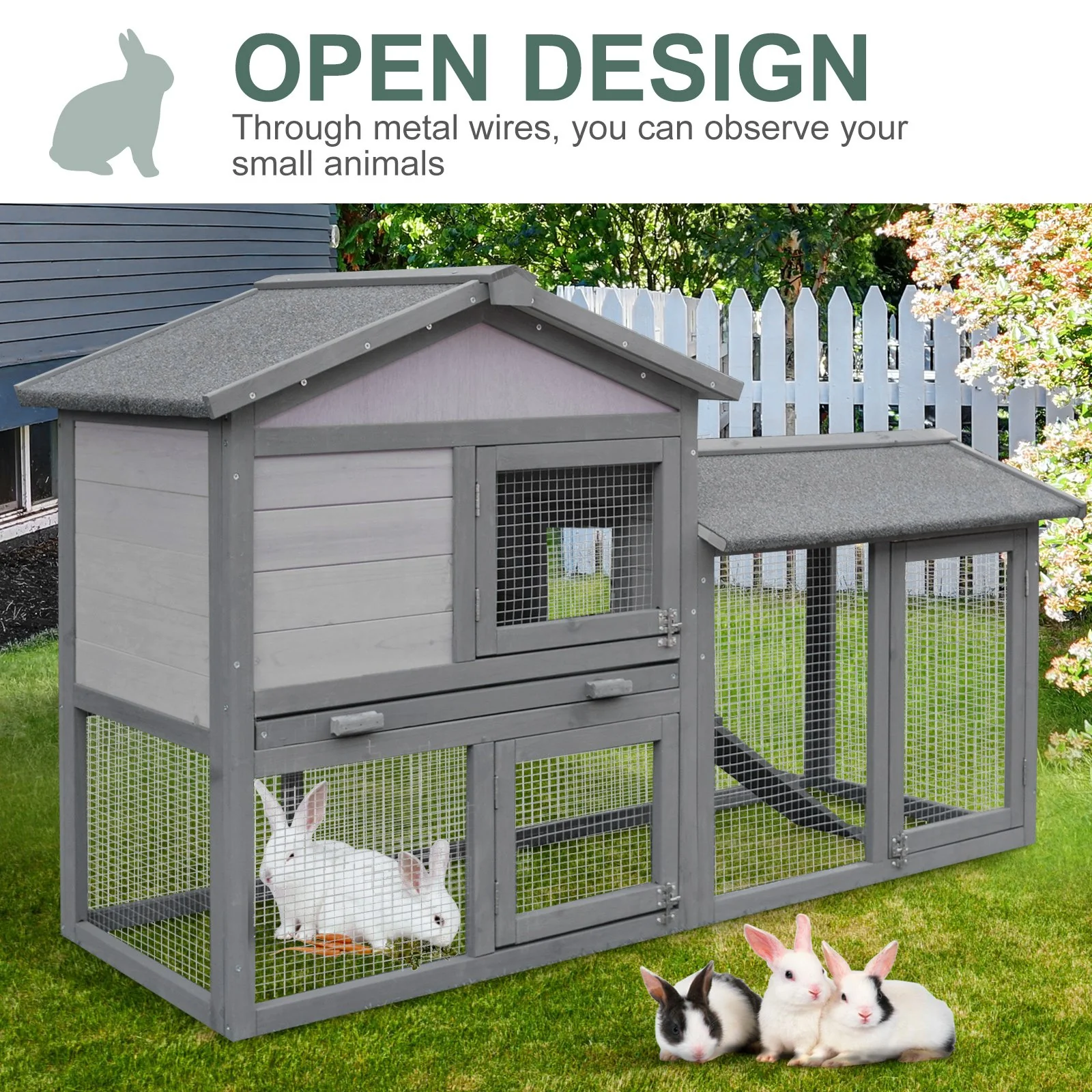 PawHut Two-Level Outdoor Guinea Pig & Rabbit Cage with Tall Mesh Fence and Removable Roof
