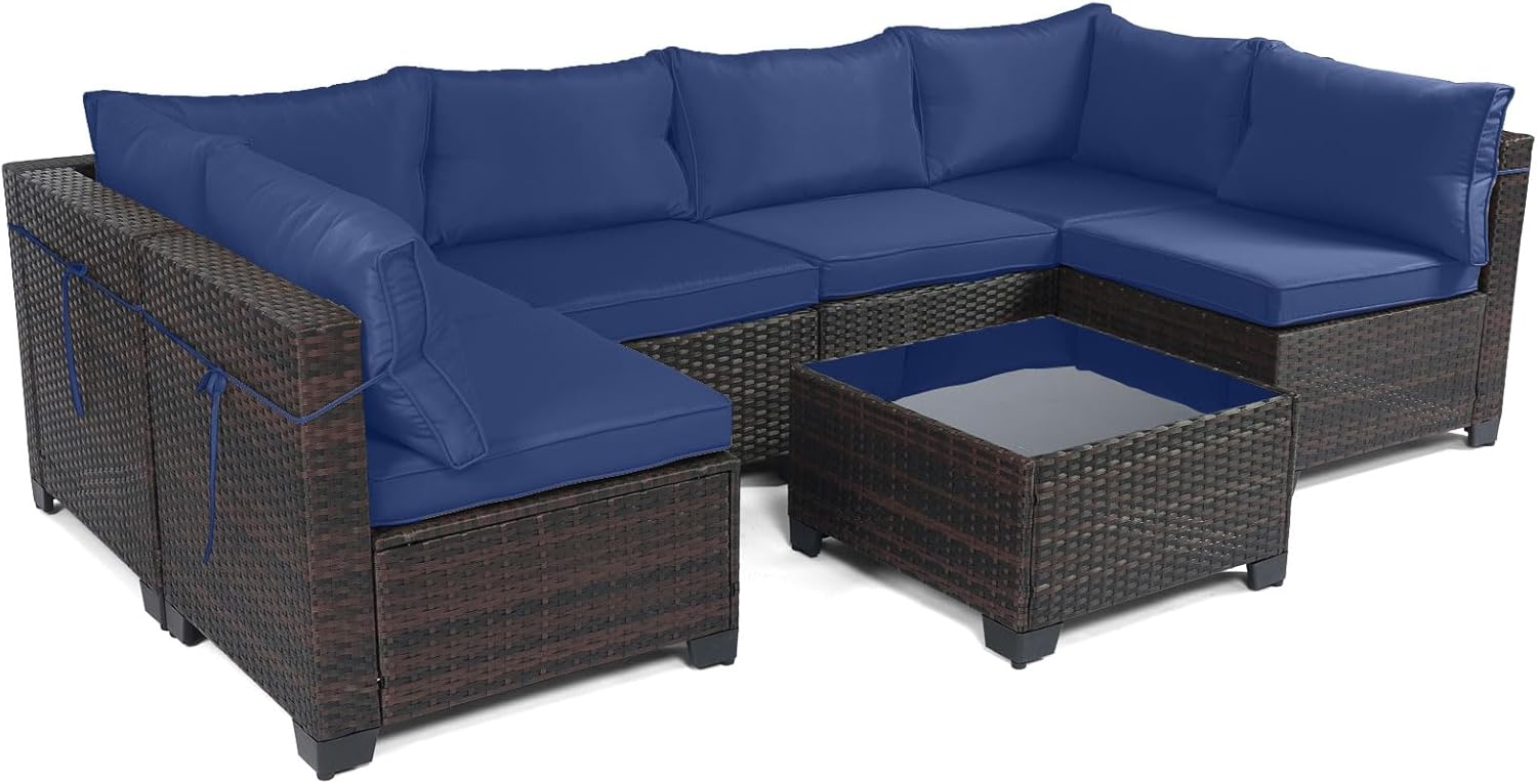 7 Pieces Rattan Patio Furniture Set with Tea Table