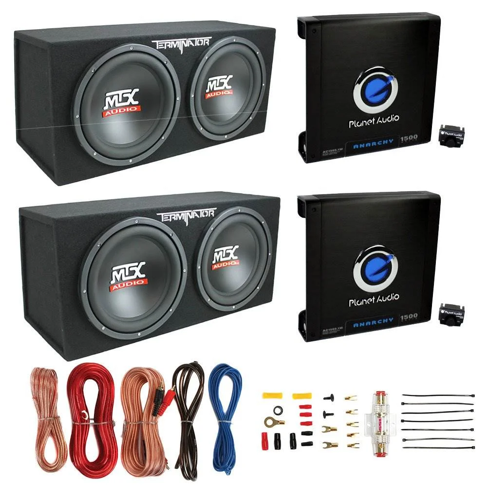 2026 MTX TNE212D 12" Subwoofer (2 Pack) + Monoblock Amplifier (2 Pack) + Amp Wire Kit