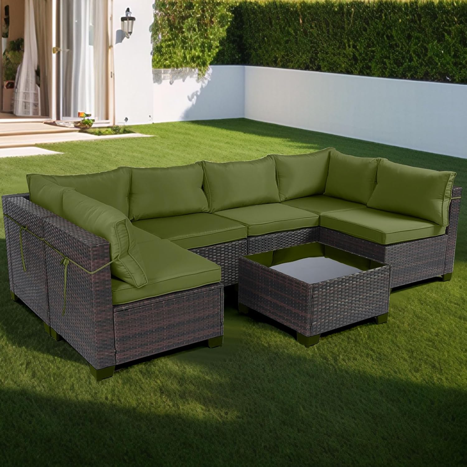 7 Pieces Rattan Patio Furniture Set with Tea Table