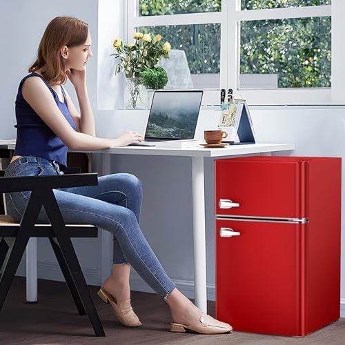 2026 Antarctic Star Compact Mini Refrigerator Separate Freezer, Small Fridge Double 2-Door Adjustable Removable Retro Stainless Steel Shelves Living room/Kitchen/Dorm/Office 3.2 cu ft.Green