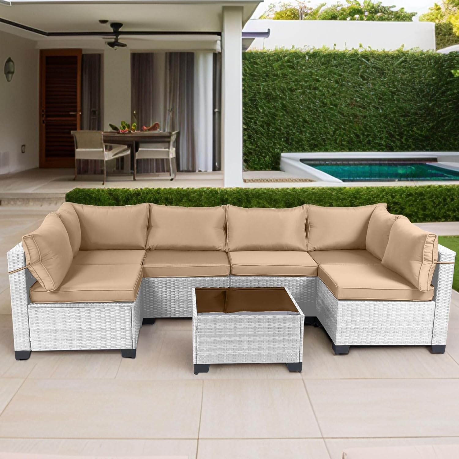 7 Pieces Rattan Patio Furniture Set with Tea Table