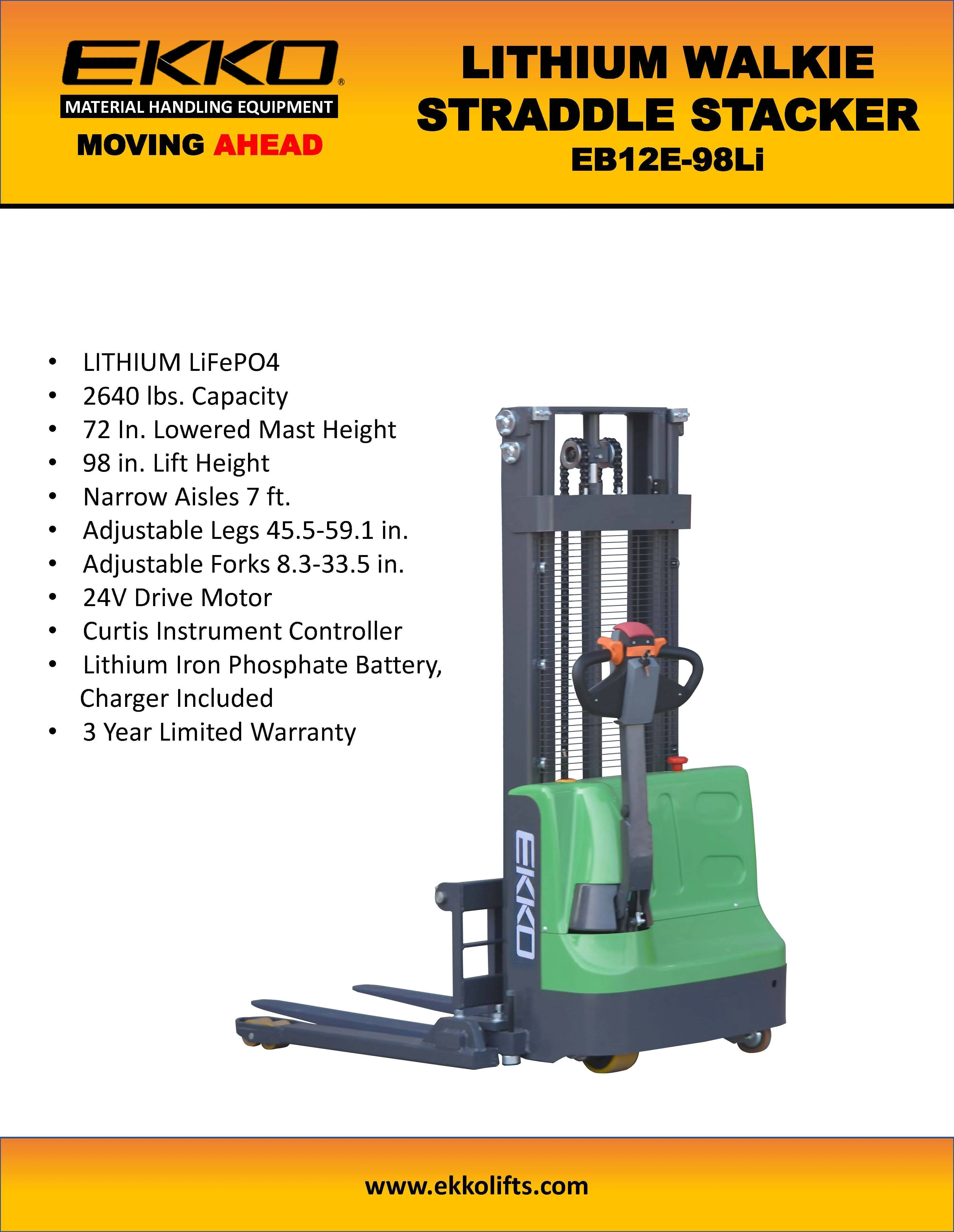 2026 EKKO EB12E-98Li Lithium Straddle Stacker - 2640lb Capacity