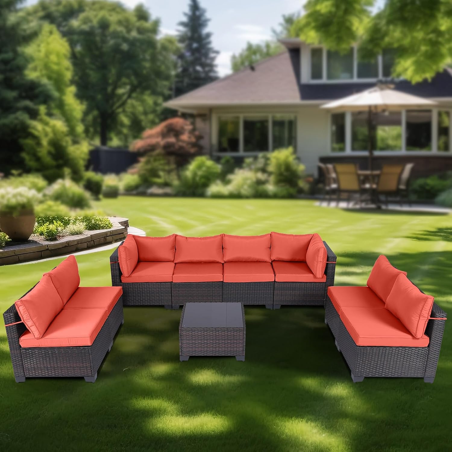 7 Pieces Rattan Patio Furniture Set with Tea Table