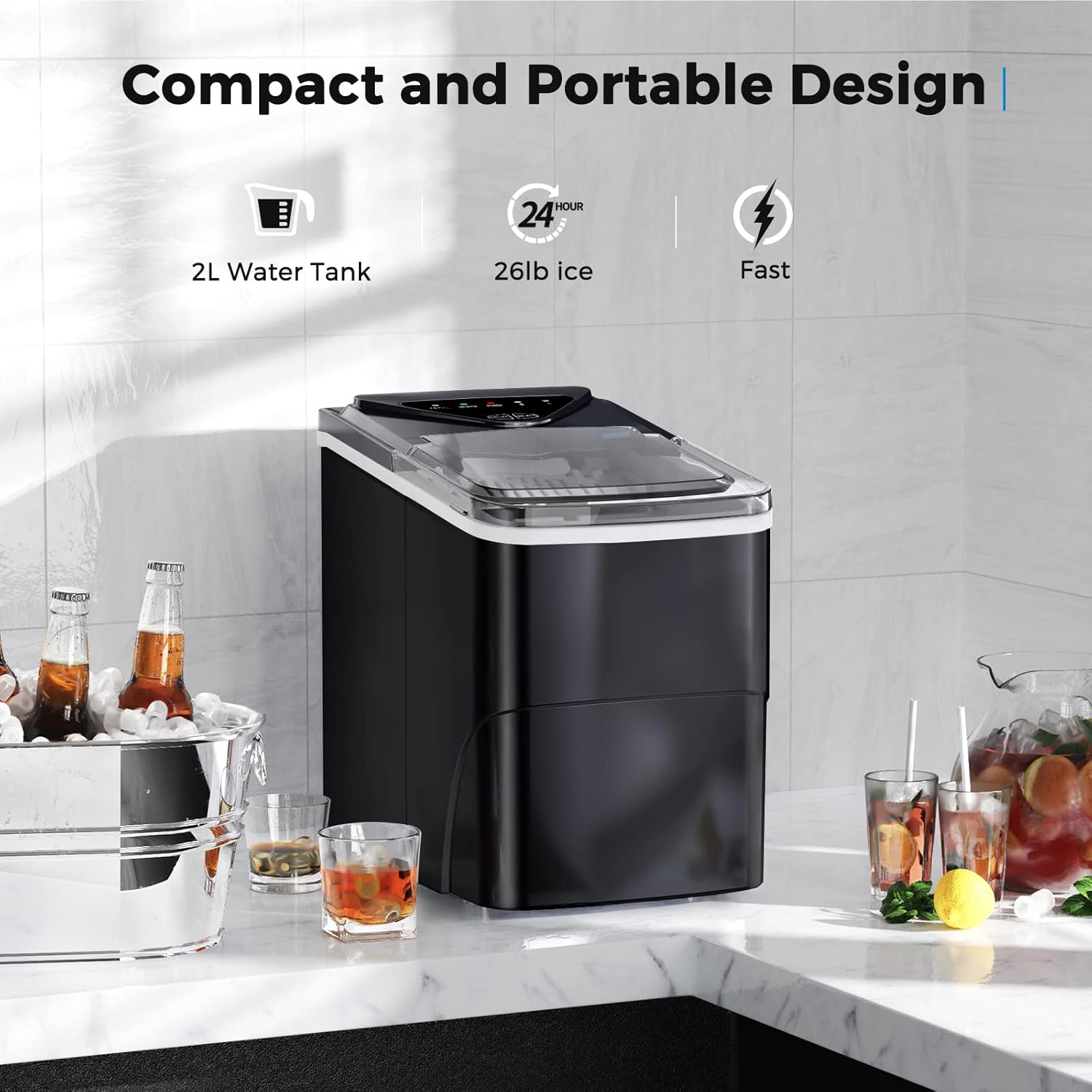 2026 Ice Makers Countertop, Self-Cleaning Function, Portable Electric Ice Cube Maker Machine, 9 Pellet Ice Ready in 6 Mins, 26lbs 24Hrs with Ice Bags and Scoop Basket for Home Bar Camping RV(Black)