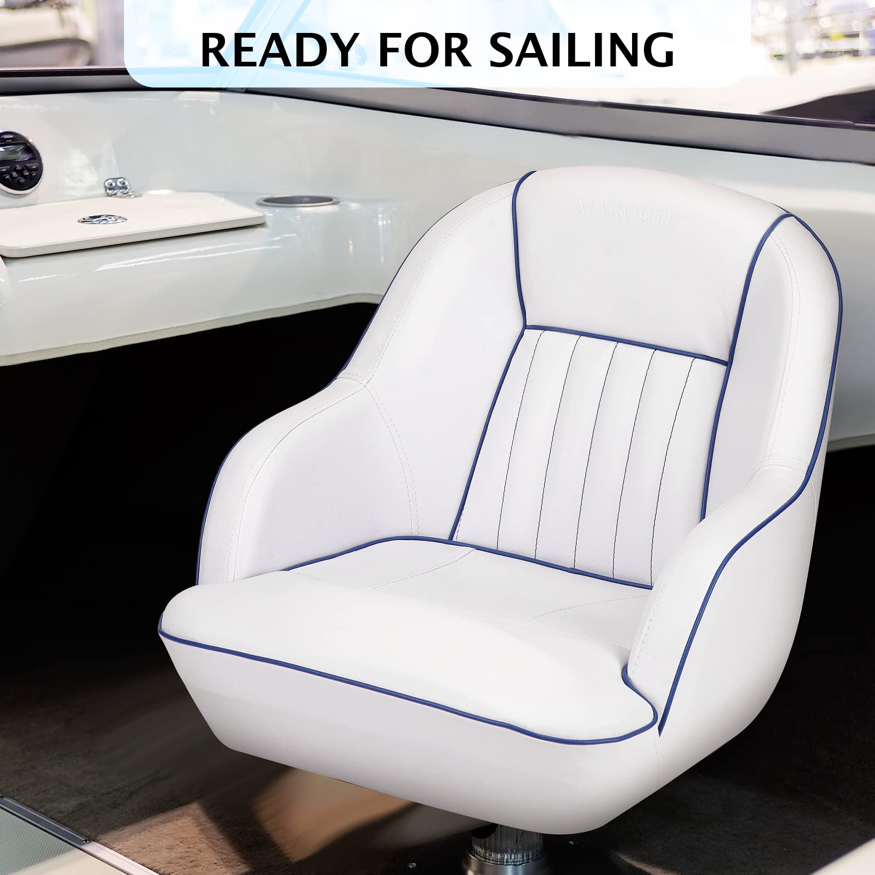 Pontoon Boat Seat, Captains Bucket Boat Seat, Back Folding Boat, Boat Cabin Seating – White & Blue