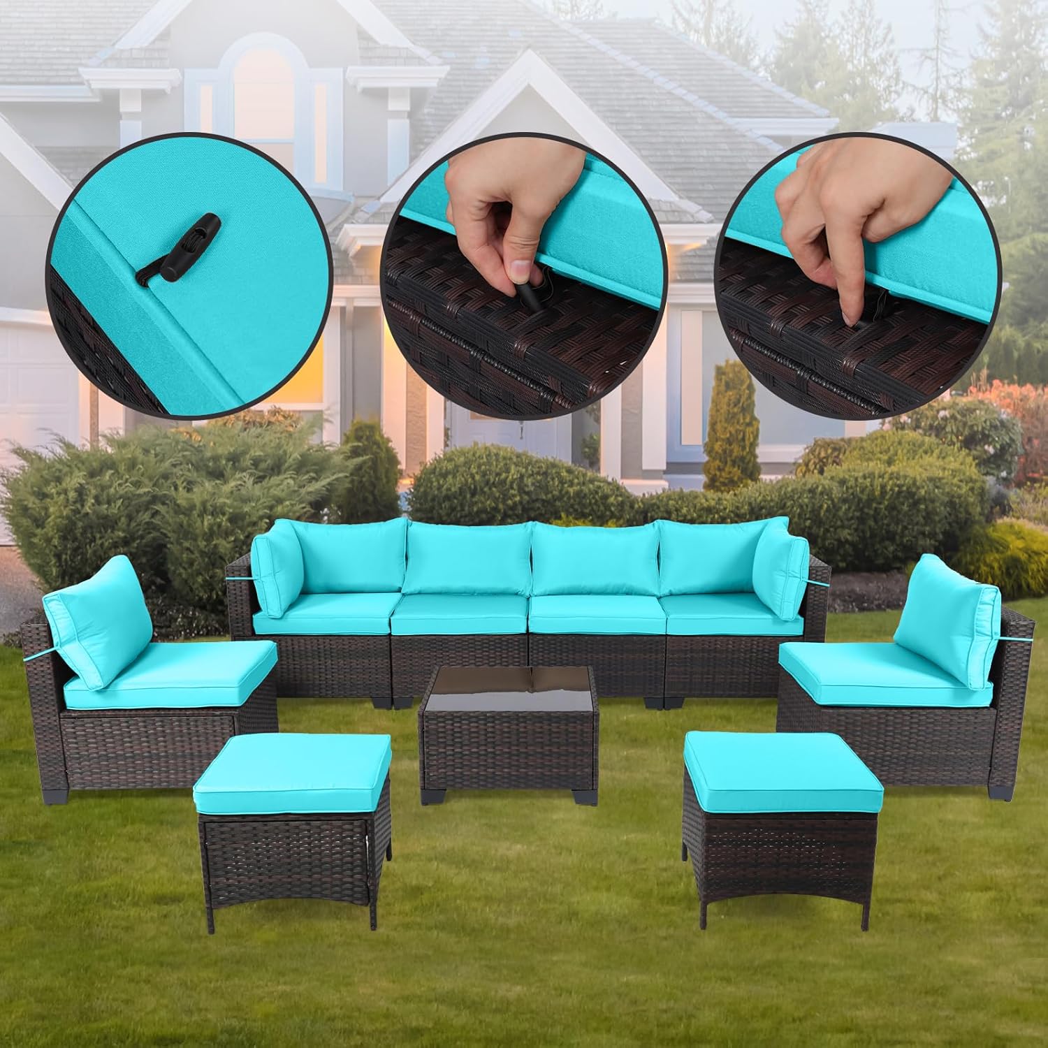 7 Pieces Rattan Patio Furniture Set with Tea Table