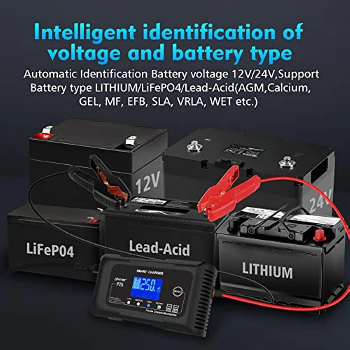 2026 25-Amp Smart Battery Charger,Lithium,LiFePO4,Lead-Acid AGM/Gel/SLA.. Car Battery Charger,Trickle Charger, Maintainer/deep Cycle Charger,12V/25A and 24V/13A,for Motorcy,Boat,Lawn Mower,Golf cart..