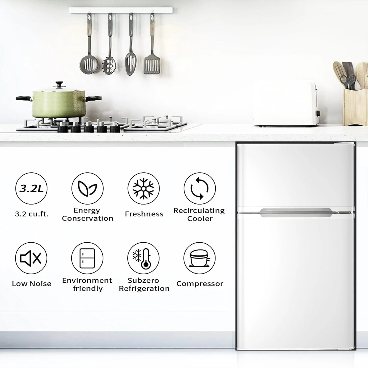 2026 Antarctic Star Compact Mini Refrigerator Separate Freezer, Small Fridge Double 2-Door Adjustable Removable Retro Stainless Steel Shelves Living room/Kitchen/Dorm/Office 3.2 cu ft.Green