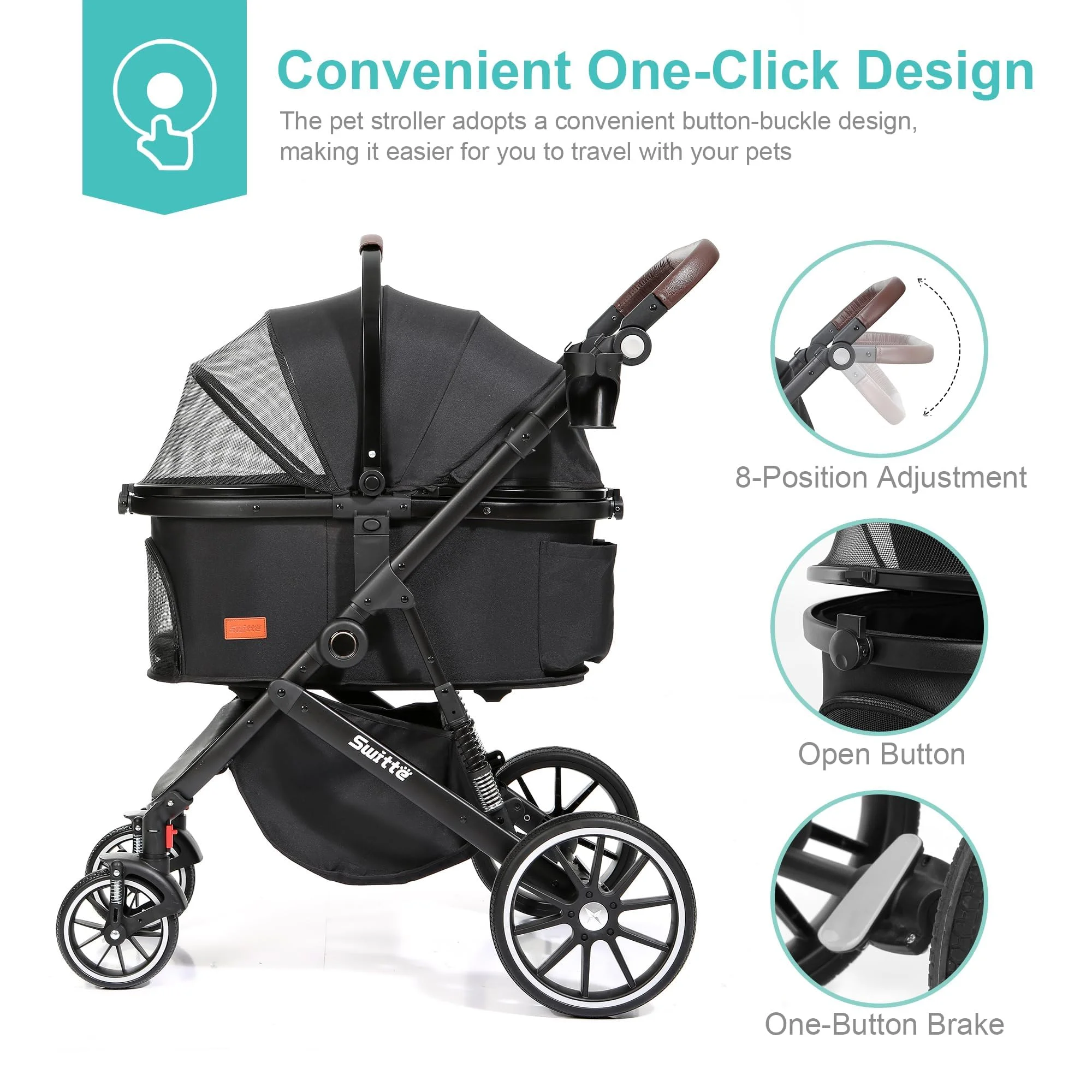 2026 SWITTE Pet Stroller Foldable Dog & Cat Stroller 3-in-1 4 Wheels Travel Jogger, Black