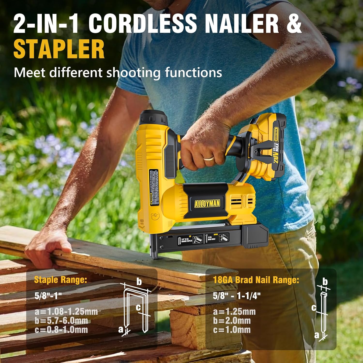 Alloyman 18 Gauge Nail Gun Battery Powered. 2 in 1 Cordless Brad Nailer/Electric Stapler with 2.0Ah Battery and Charger.1000pcs Nails and 500pcs Staples Included for Home Improvement & Woodworking