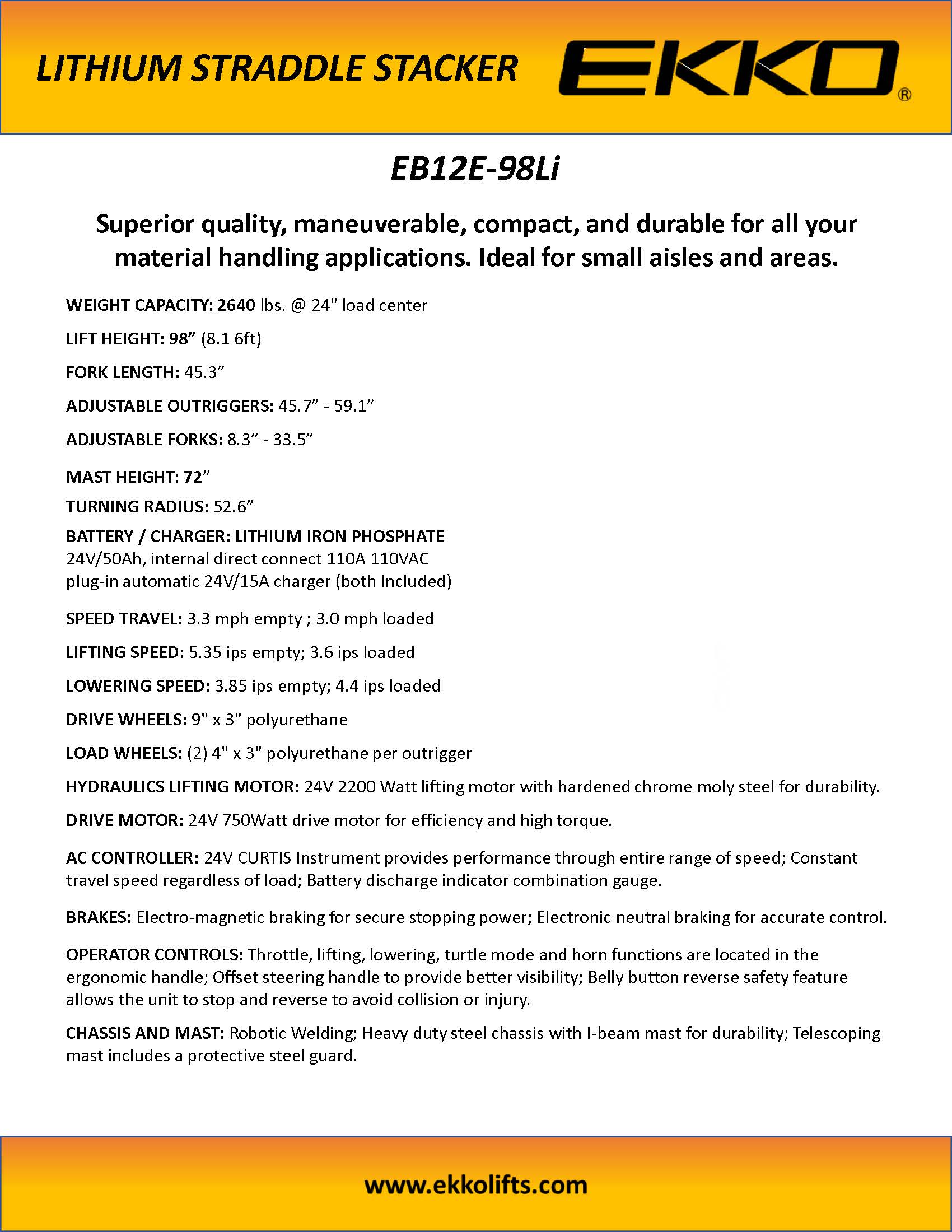 2026 EKKO EB12E-98Li Lithium Straddle Stacker - 2640lb Capacity