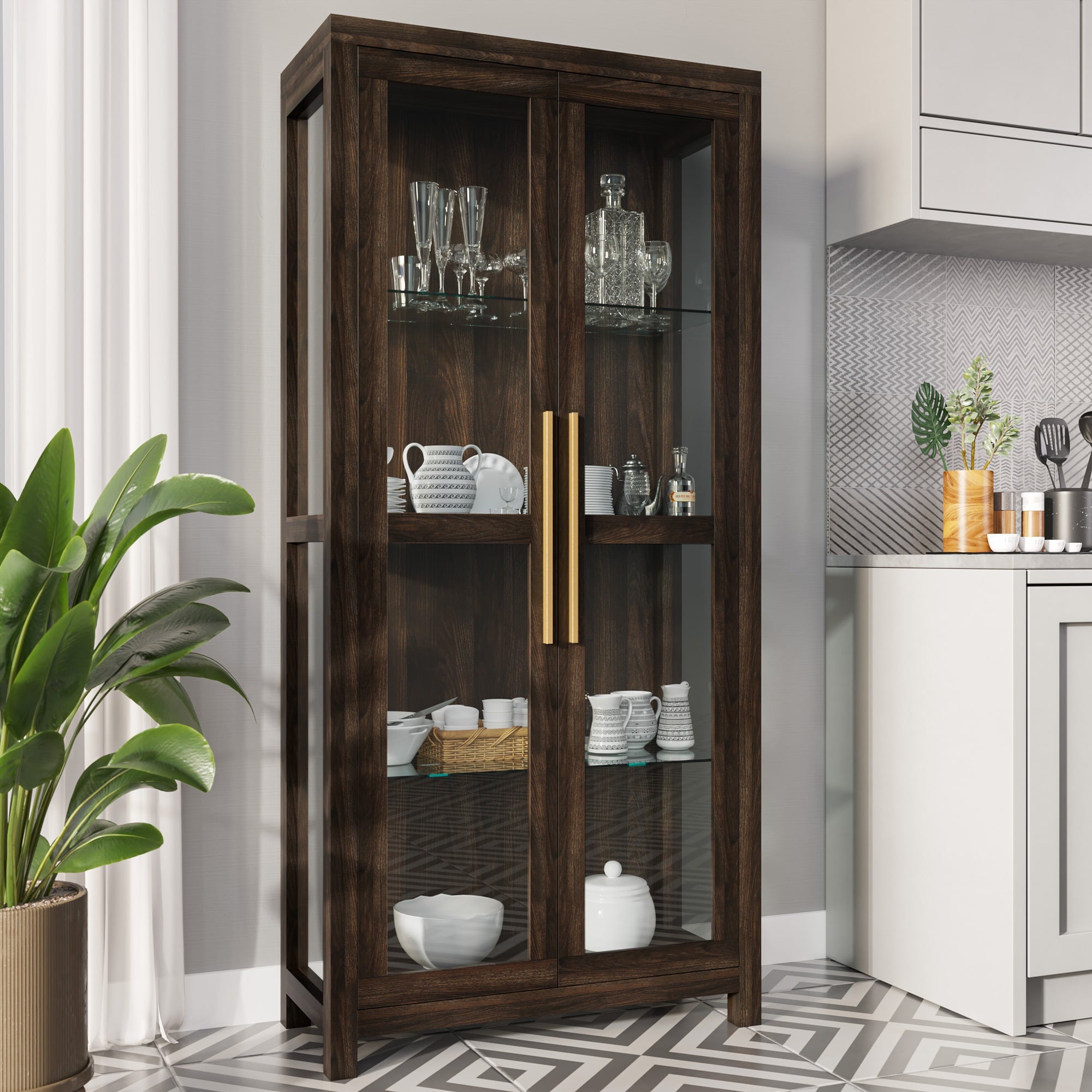 BELLEZE Avalon Tall Storage Cabinet, Dark Walnut Curio Bookshelf with Tempered Glass Doors for Living Room/Bedroom Display