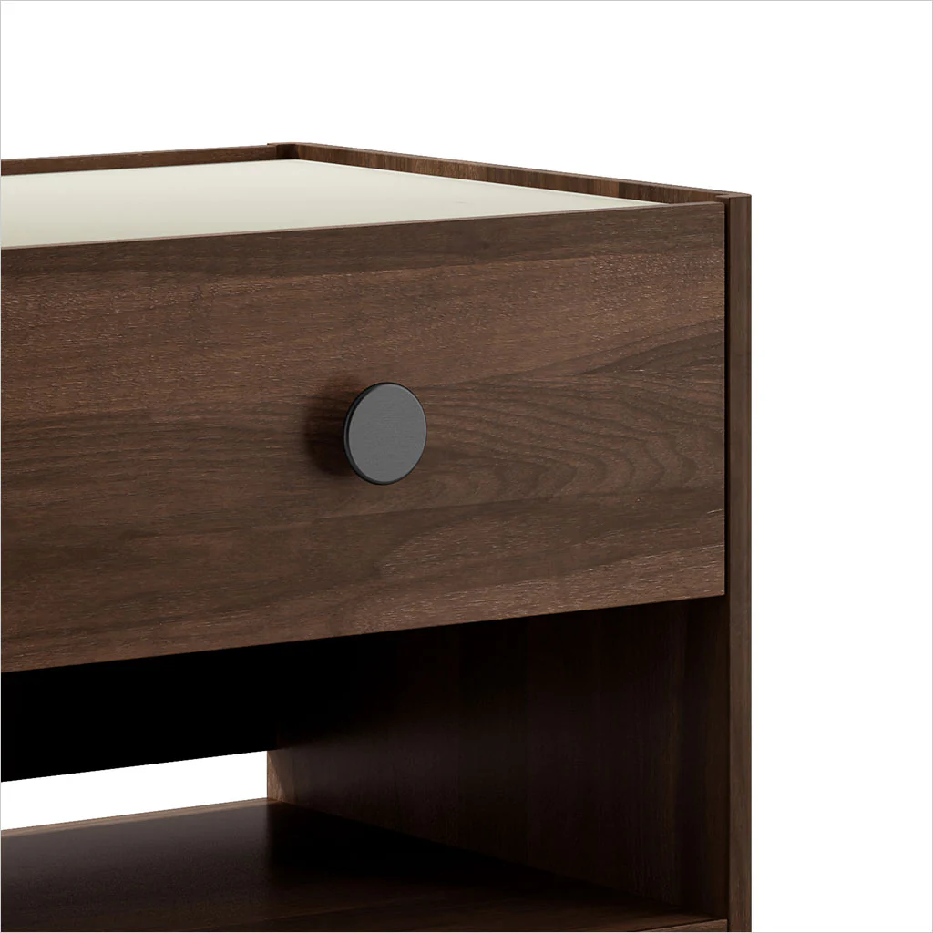 Regio Small Nightstand – Havana Walnut with Sand Glass Top and Wireless Charger